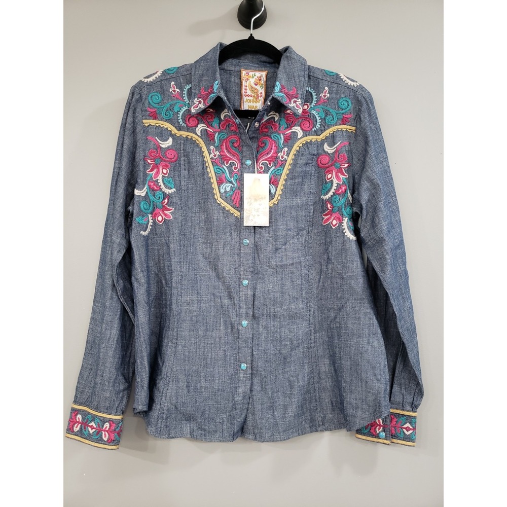 NEW SMALL Johnny Was Embroidered Denim Western Yoke Shirt  turquoise snaps boho